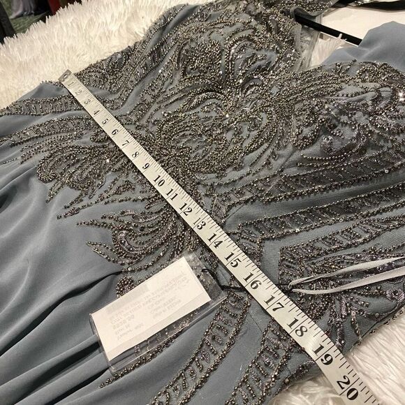 NEW MGNY by Mori Lee Embellished Bodice Cap Sleeve Maxi Dress Gown in Steel Gray - Picture 6 of 13